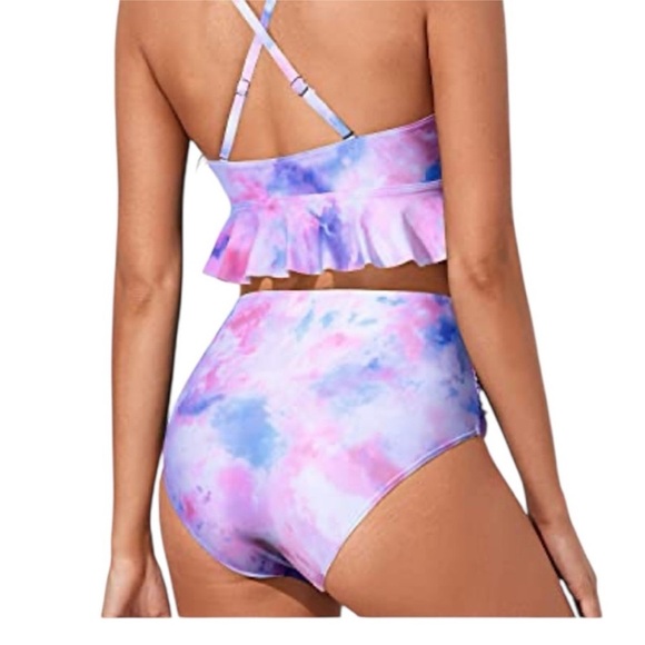 Tempt Me Two Piece High-Waisted Swimsuit with Ruffle and Tummy Control Bottoms. - Picture 3 of 6